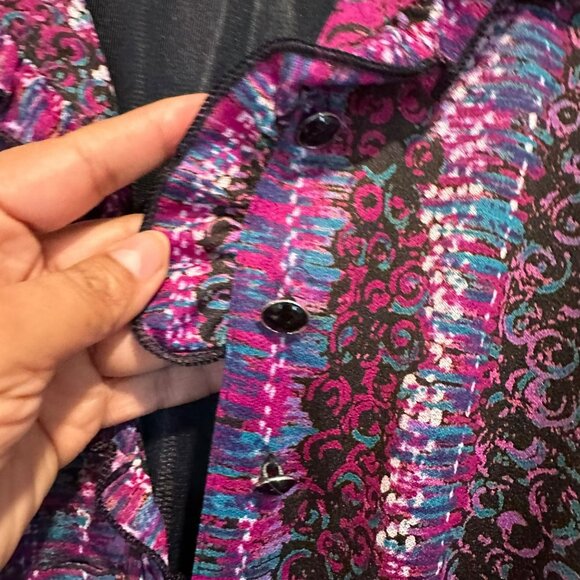 ✨Diolen Size 44/ L US Vintage Multicolor Dress With Ruffle Collar & Long Sleeves - Picture 8 of 9